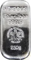 250 Gramm Silberbarren Heraeus gegossen