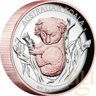 5 Unzen Silbermünze Australien Koala 2021 - High Relief - polierte Platte - rosè vergoldet