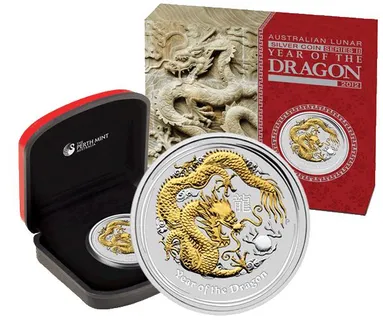 1 Unze Silbermünze Australien Lunar II Drache 2012 teilvergoldet + Box + Zertifikat