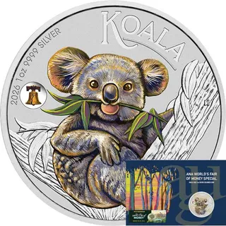 1 Unze Silbermünze Australien Koala 2026 ANA Liberty Bell Privy Mark coloriert - Coincard