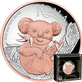 5 Unzen Silbermünze Australien Koala 2026 - High Relief - polierte Platte - rosè vergoldet