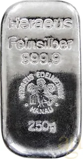 250 Gramm Silberbarren Heraeus gegossen