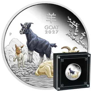1 Unze Silbermünze Australien Lunar III Ziege 2027 - polierte Platte - coloriert