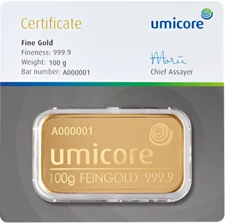 100 Gramm Goldbarren Umicore