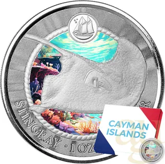 1 Unze Silbermünze Cayman Islands Stachelrochen 2023 - Coloriert