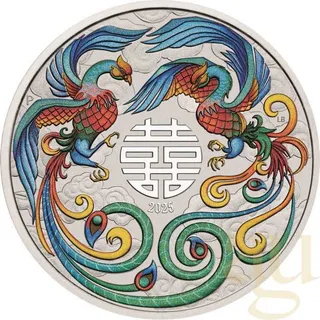 1 Unze Silbermünze Australien Chinese Myths and Legends Double Phoenix 2025 - coloriert