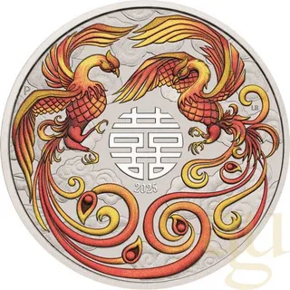 1 Unze Silbermünze Australien Chinese Myths and Legends Double Phoenix 2025 - Rot/Gold coloriert