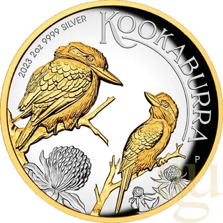 2 Unzen Silbermünze Australien Kookaburra 2023 teilvergoldet - polierte Platte