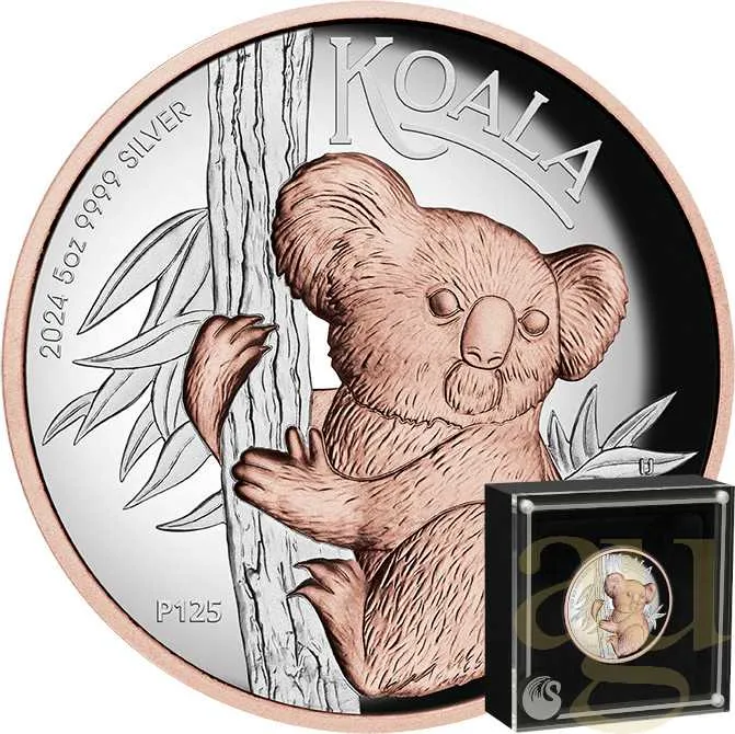5 Unzen Silbermünze Australien Koala 2024 - High Relief - polierte Platte - rosè vergoldet