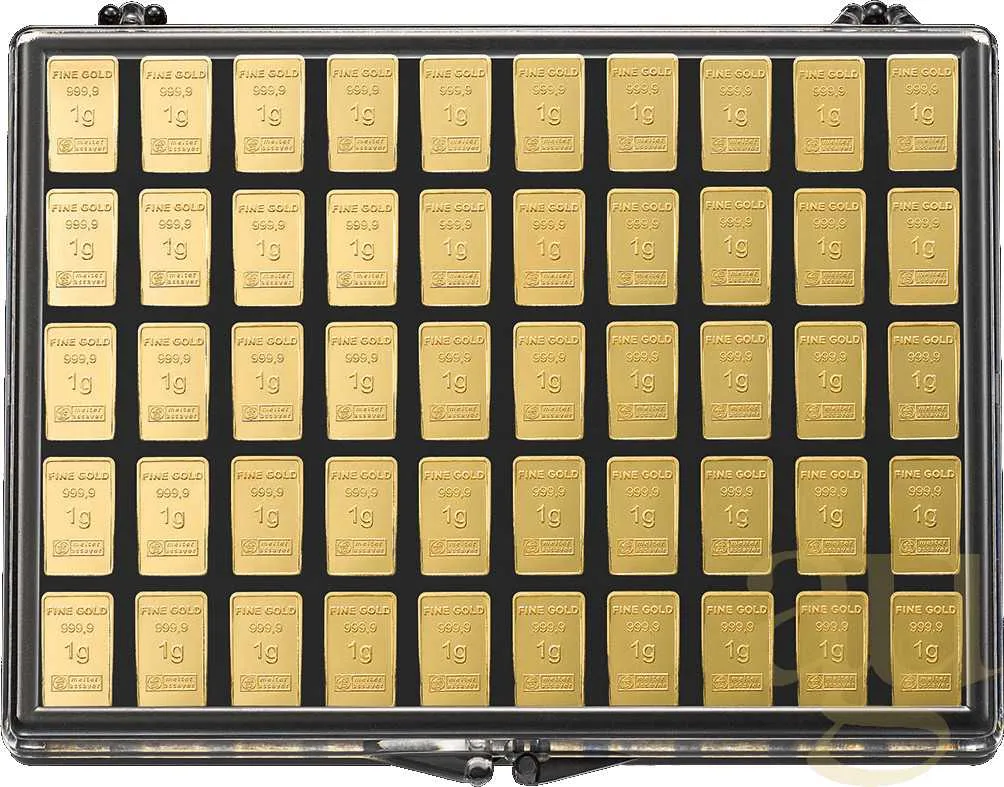 50 x 1 Gramm Goldbarren Heimerle + Meule UnityBar Collection