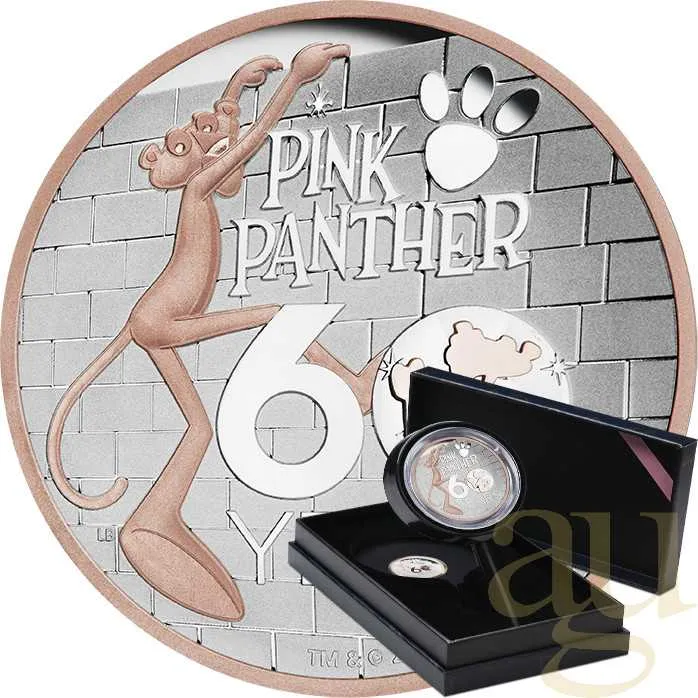 5 Unzen Silbermünze Tuvalu - 60 Jahre The Pink Panther 2024 - High Relief - teilvergoldet