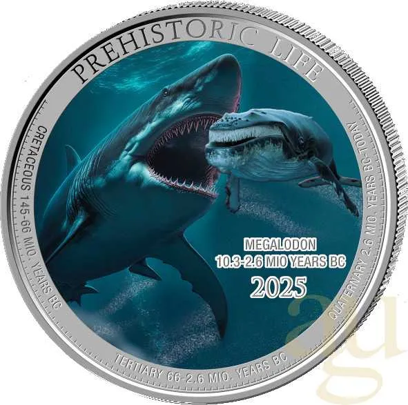 1 Unze Silbermünze Prehistoric Life II - Megalodon 2025 coloriert