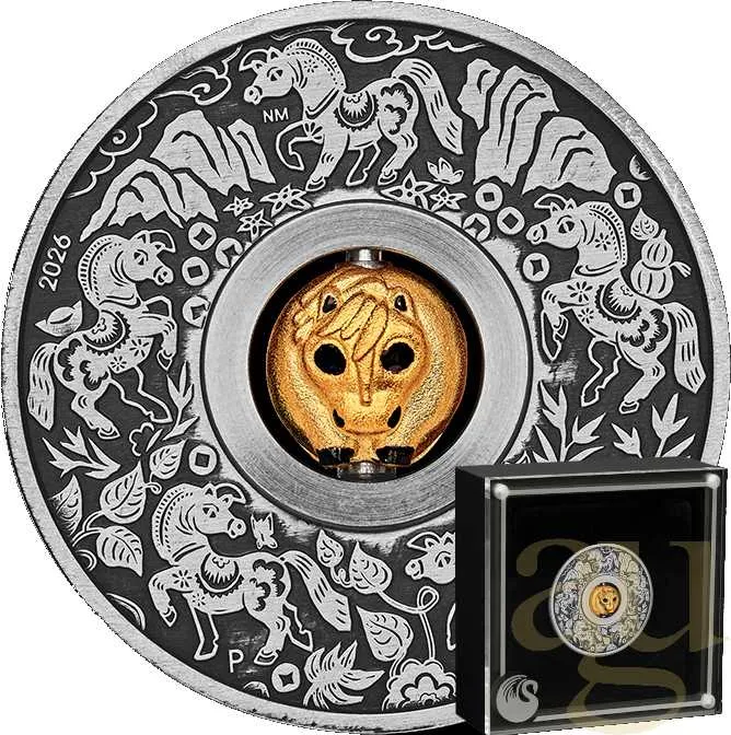 1 Unze Silbermünze Tuvalu Rotating Charm Pferd 2026 - Antik Finish