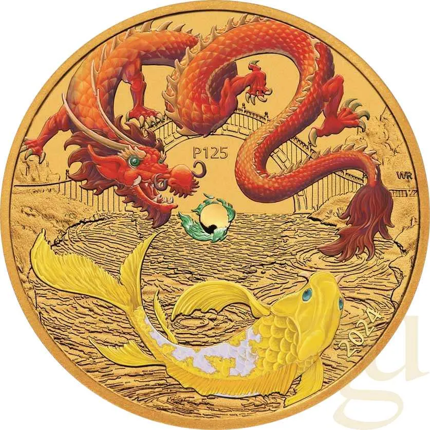 1 Unze Goldmünze Australien Drache & Koi 2024 - Gelb coloriert