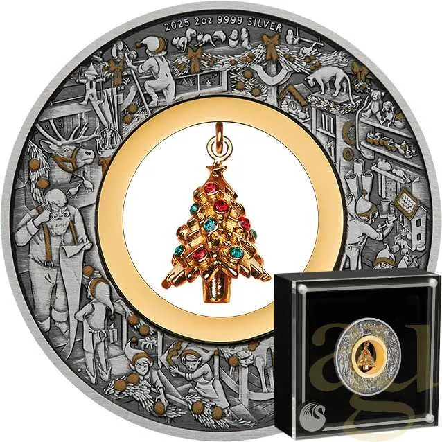 2 Unzen Silbermünze Australien Santa's Workshop 2025 - Antik Finish coloriert