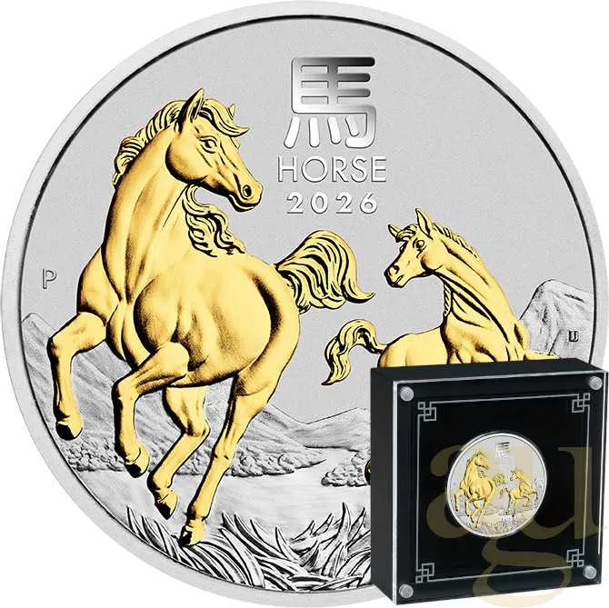 1 Unze Silbermünze Australien Lunar III Pferd 2026 teilvergoldet