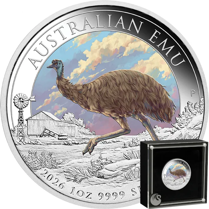 1 Unze Silbermünze Australien Emu 2026 - blau coloriert