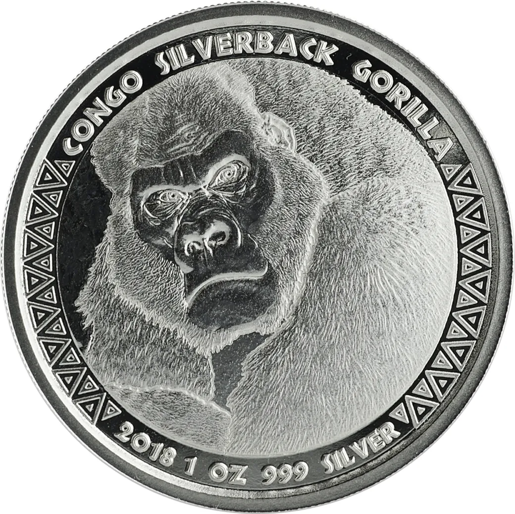 1 Unze Silbermünze Afrika Kongo Silberrücken Gorilla 2018