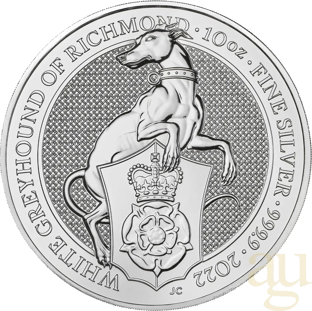10 Unzen Silbermünze Queens Beasts White Greyhound 2022