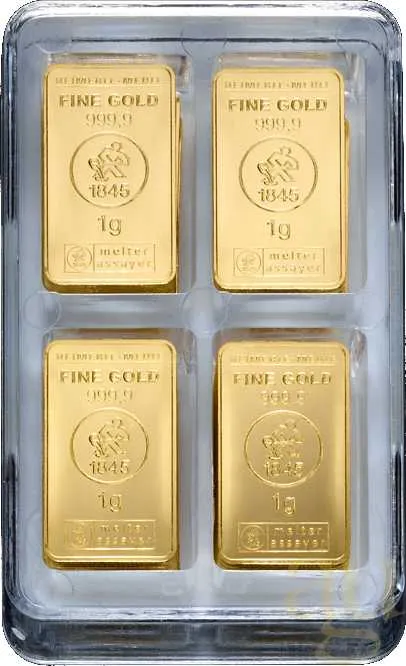 100 x 1 Gramm Goldbarren Heimerle + Meule UnityBox