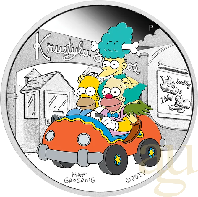 1 Unze Silbermünze Tuvalu The Simpsons - Krustylu Studios 2022 polierte Platte - coloriert