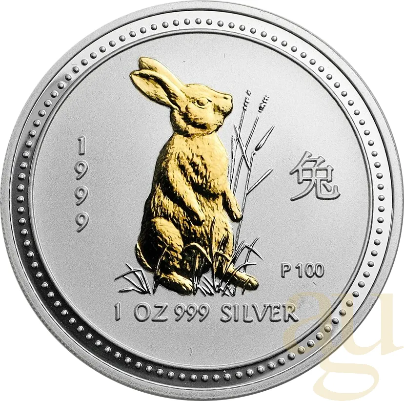 1 Unze Silbermünze Australien Lunar I Hase 1999 teilvergoldet