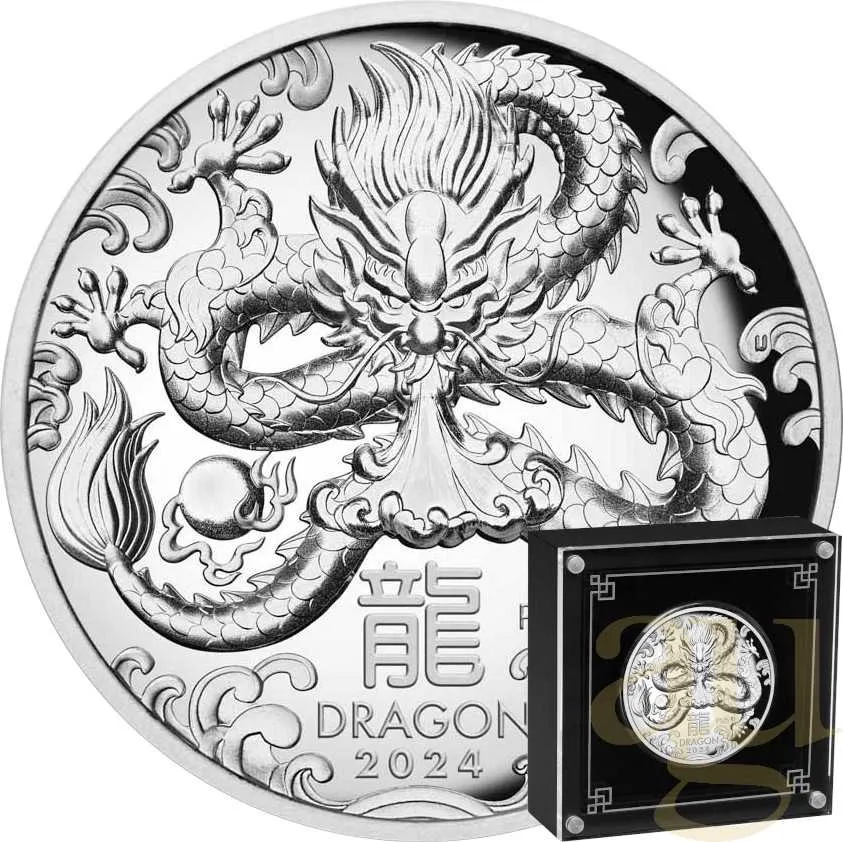 5 Unzen Silbermünze Australien Lunar III Drache 2024 polierte Platte - High Relief