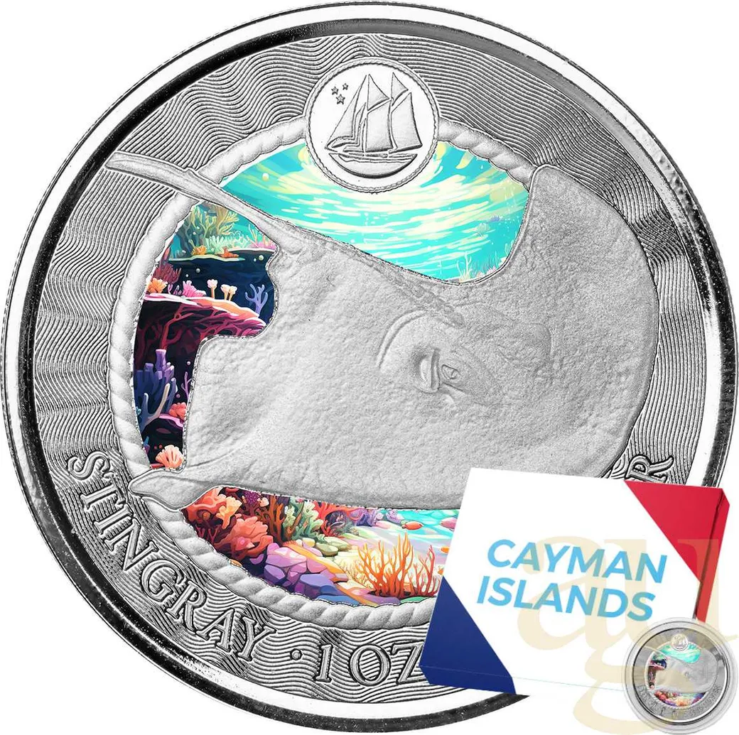 1 Unze Silbermünze Cayman Islands Stachelrochen 2023 - Coloriert