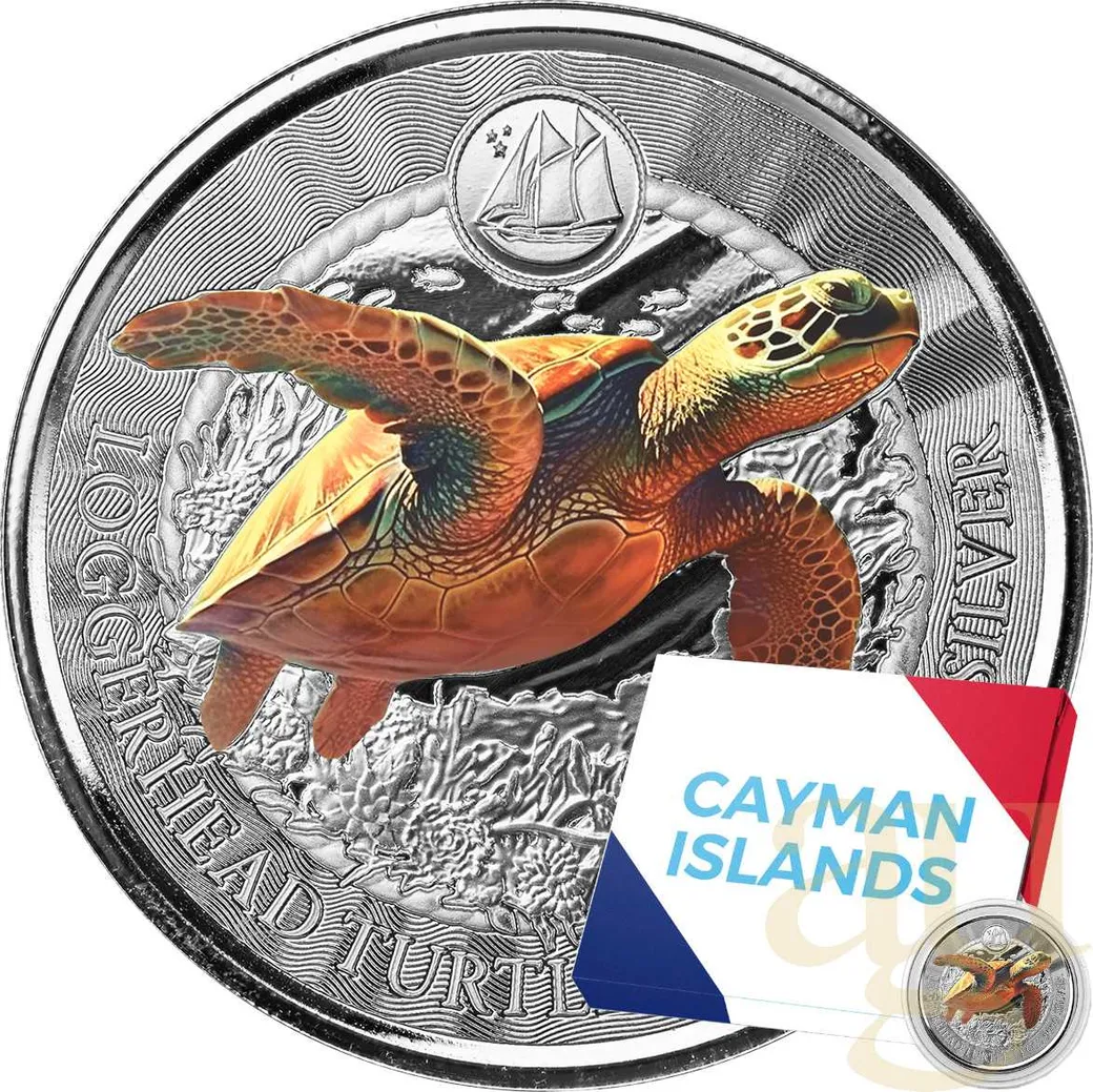 1 Unze Silbermünze Cayman Islands Schildkröte 2023 - Coloriert