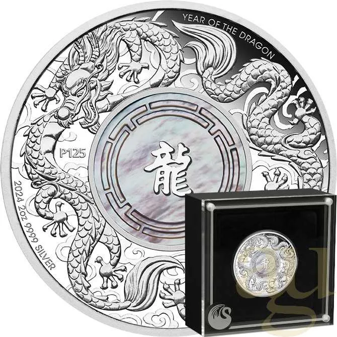 2 Unzen Silbermünze Australien Mother of Pearl Double Dragon 2024 - polierte Platte
