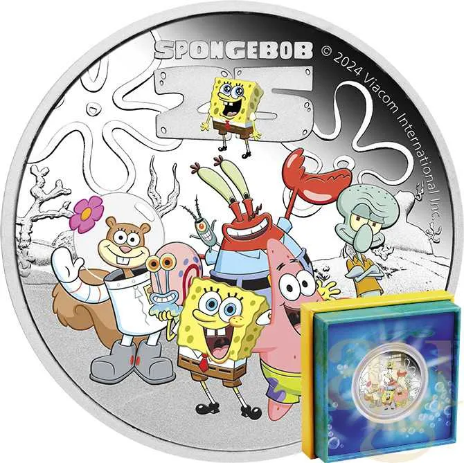 1 Unze Silbermünze Tuvalu SpongeBob and Friends 2024 coloriert - polierte Platte