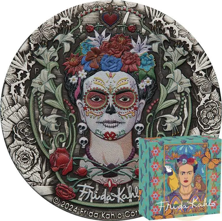 2 Unzen Silbermünze Tuvalu Frida Kahlo 2024 Antik Finish - coloriert
