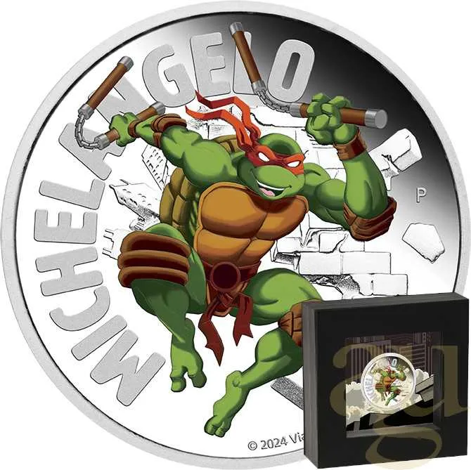 1 Unze Silbermünze Tuvalu Teenage Mutant Ninja Turtles Michelangelo 2024 coloriert - polierte Platte