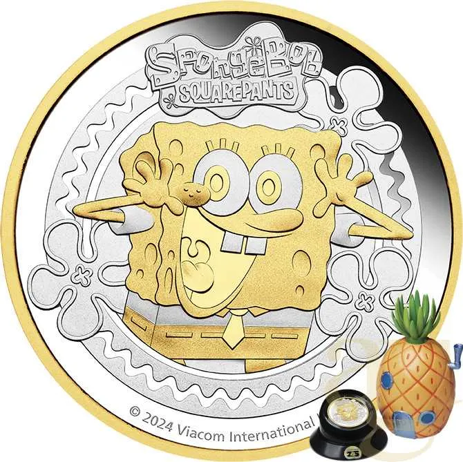 2 Unzen Silbermünze Tuvalu Spongebob Schwammkopf 2024 teilvergoldet - polierte Platte