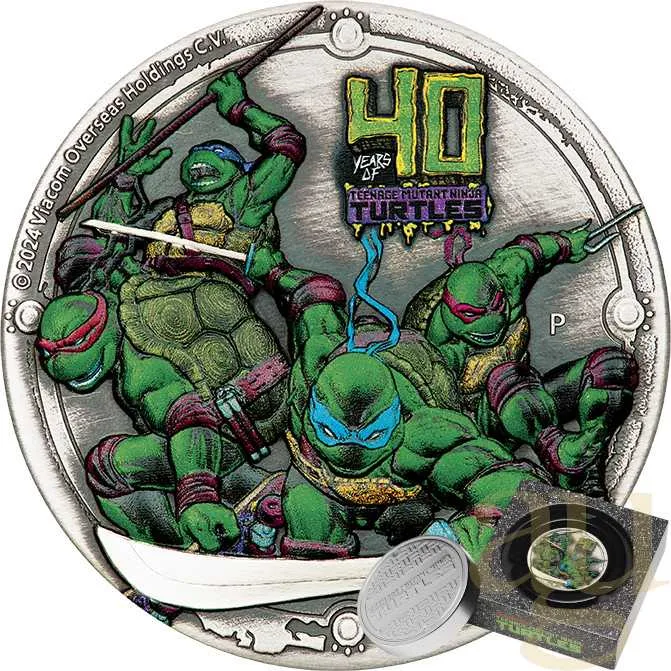 2 Unzen Silbermünze Tuvalu Teenage Mutant Ninja Turtles 40th Anniversary 2024 - Antik Finish - High