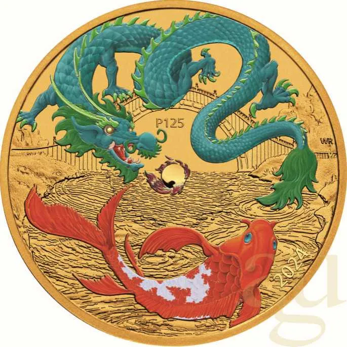 1 Unze Goldmünze Australien Drache & Koi 2024 - Rot coloriert