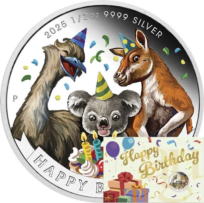 1/2 Unze Silbermünze Australien Happy Birthday - polierte Platte - coloriert - Coincard