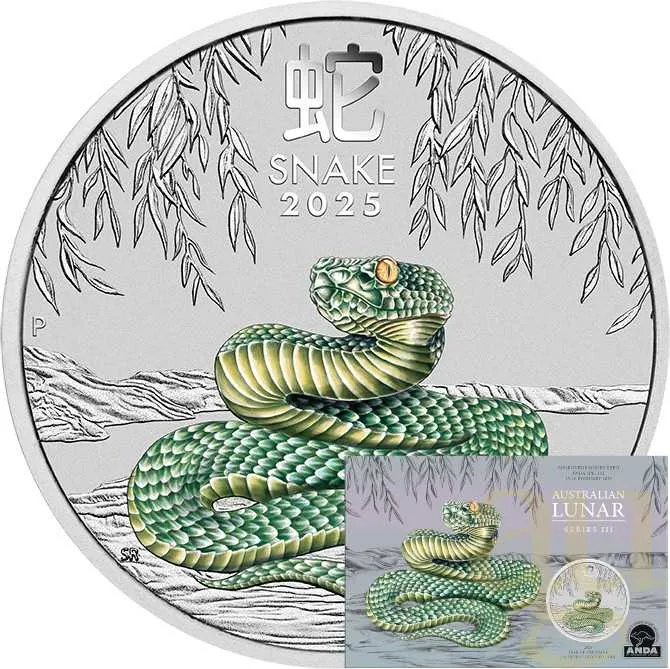 1 Unze Silbermünze Australien Lunar III Schlange 2025 ANDA Special coloriert - Coincard