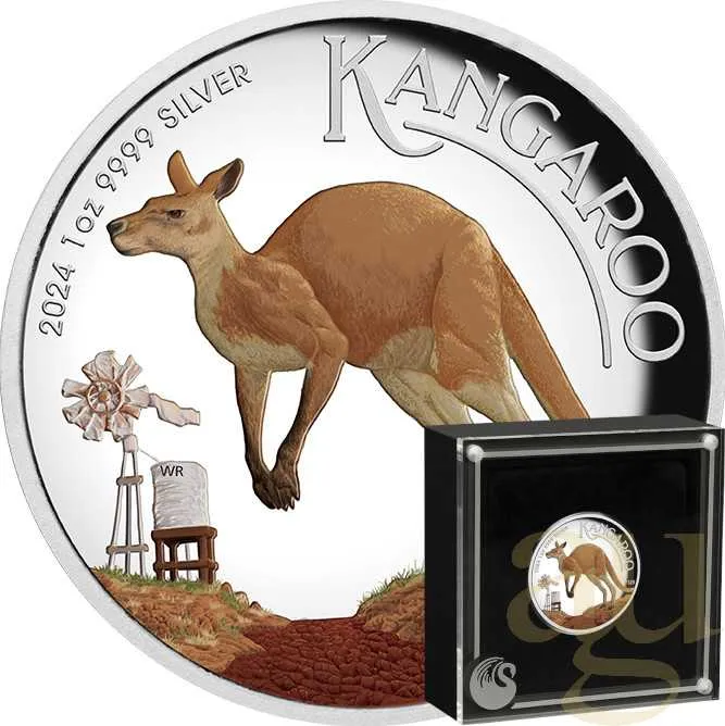1 Unze Silbermünze Australien Känguru 2024 - polierte Platte - High Relief - coloriert