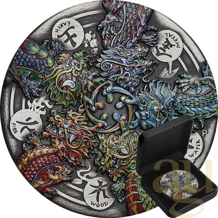 5 Unzen Silbermünze Tuvalu - Der Drache und die fünf Elemente 2024 - Antik Finish - coloriert