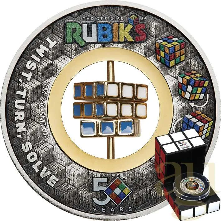 2 Unzen Silbermünze Tuvalu - 50 Jahre Rubik's Cube 2024 - Antik Finish - coloriert