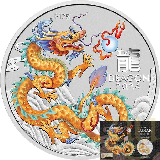1 Unze Silbermünze Australien Lunar III Drache 2024 ANA Special gold coloriert - Coincard