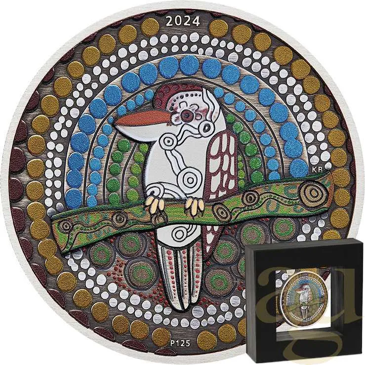 2 Unzen Silbermünze Australien Kookaburra Kaa Kaa 2024 Antik Finish - coloriert