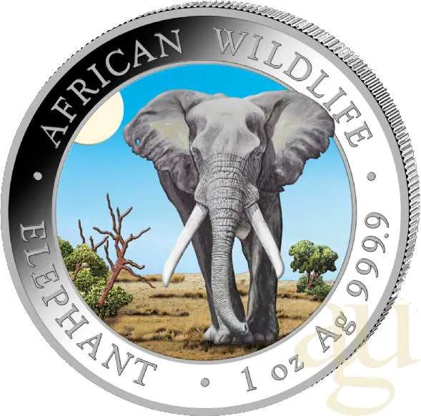 1 Unze Silbermünze Somalia Elefant 2025 - coloriert