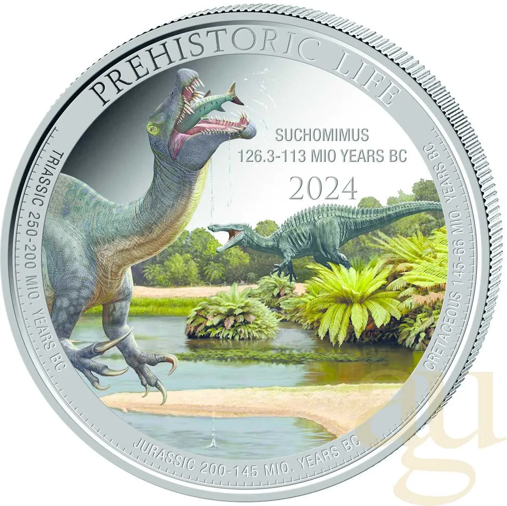 1 Unze Silbermünze Prehistoric Life II - Suchomimus 2024 coloriert