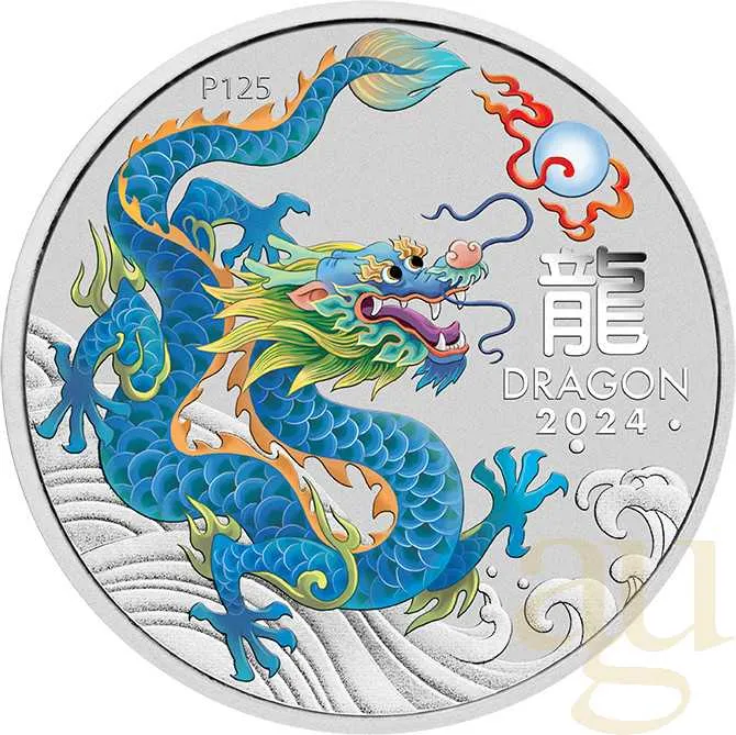 1 Unze Silbermünze Australien Lunar III Drache 2024 türkis coloriert