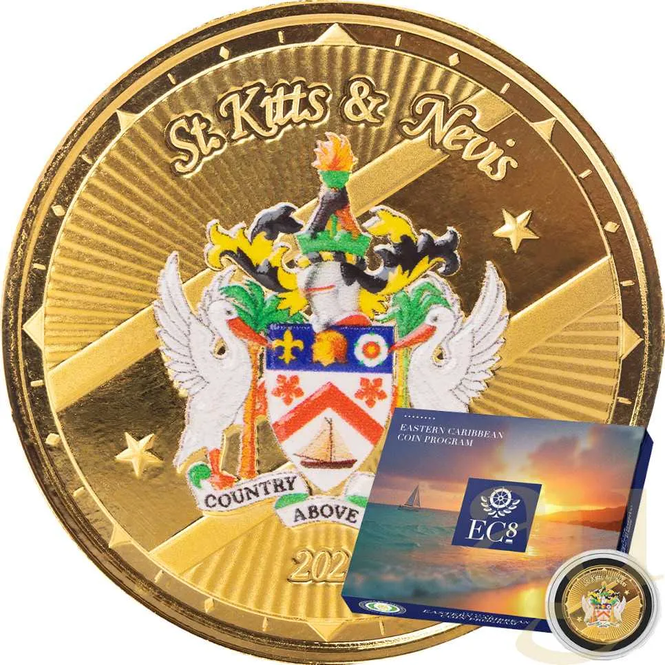 1 Unze Goldmünze EC8 St. Kitts & Nevis - Coat of Arms 2024 - coloriert