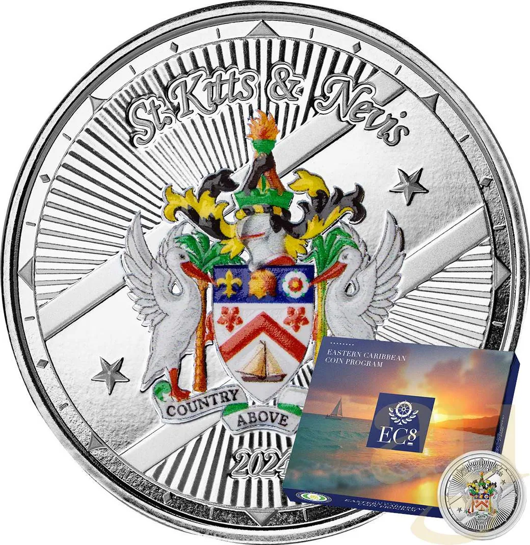 1 Unze Silbermünze EC8 St. Kitts & Nevis - Coat of Arms 2024 - coloriert