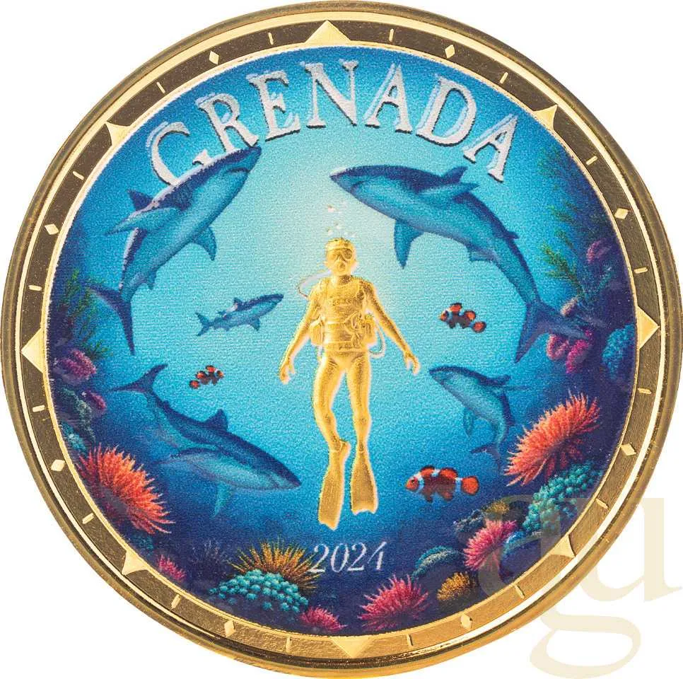 1 Unze Goldmünze EC8 Grenada - Shark Diver 2024 - coloriert
