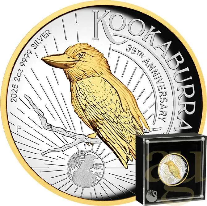 2 Unzen Silbermünze Australien Kookaburra 2025 teilvergoldet - polierte Platte - High Relief